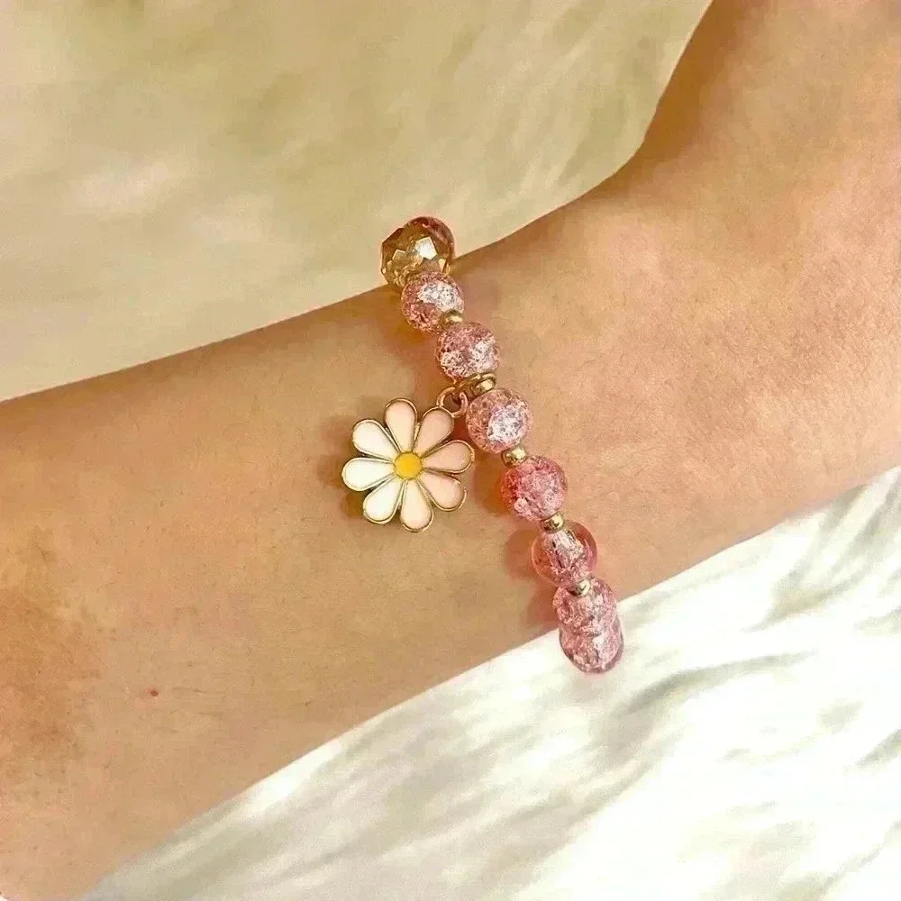 Pink beaded Flower Pendant Bracelet